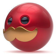 Cartoon mustache face cute emoticon ball happy joyful handsome person red golden caricature icon. Cheerful laughing fun sphere positive smiley character avatar. 3d render isolated