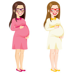 Beautiful full body illustration of pregnant woman touching her belly smiling