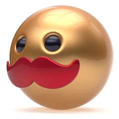 Cartoon mustache face cute emoticon ball happy joyful handsome person red golden caricature icon. Cheerful laughing fun sphere positive smiley character avatar. 3d render isolated