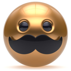 Cartoon mustache face cute emoticon ball happy joyful handsome person golden black caricature stylish icon. Cheerful laughing fun sphere positive smiley character avatar. 3d render isolated