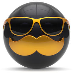 Mustache face cartoon emoticon ball happy joyful handsome person black golden sunglasses caricature icon. Cheerful eyeglasses laughing fun sphere positive smiley character avatar. 3d render isolated