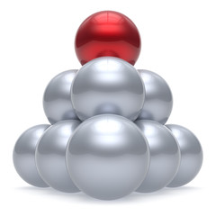 Leader sphere ball pyramid hierarchy corporation red top order leadership element teamwork group business concept shiny sparkling white chrome. 3d render isolated