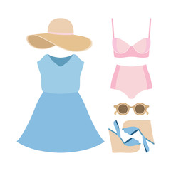 Set of trendy women's clothes. Outfit of woman swimsuit, dress and accessories. Women's wardrobe. Vector illustration