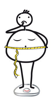 Strichfigur - Adipostas, Fettleibigkeit - dicker Mann mit Übergewicht beim Wiegen und Messen des Bauchumfangs, gesunde Ernährung Schutz vor Krankheit, Diabetis und Fettleber