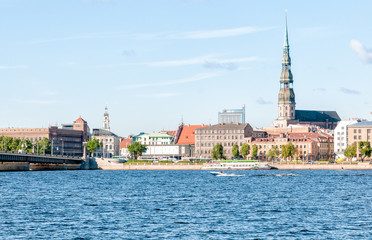 Obraz premium Riga city view across the Daugava river, Latvia