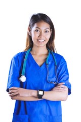 Asian nurse with stethoscope crossing arms