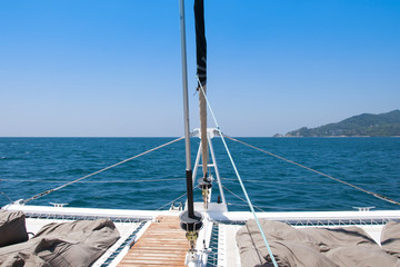 Fototapeta na wymiar Nose of yacht sailing in the sea