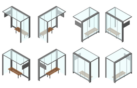 Isometric glass bus stop. Set of 8 camera angles from different