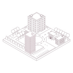 Isometric map of the area. Linear style. High-rise building and