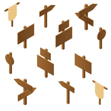 Isometric wooden pointers. Brown plywood. Rustic signs direction