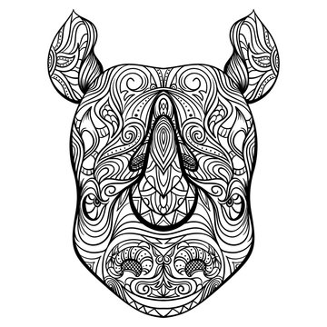 Rhino head with ornament. Tattoo art. Retro banner, card, scrap booking. t-shirt, bag, postcard, poster.Highly detailed vintage black and white hand drawn vector illustration