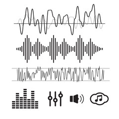 Vector Sound Waveforms. Sound waves and musical icons