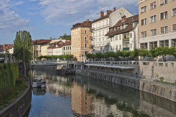 Fototapeta na wymiar Ljubljanica river early in a summer morning in Ljubljana, Slovenia