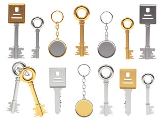 Set of keys of different shapes and key chains isolated on white background