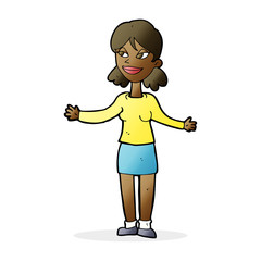 cartoon happy woman shrugging shoulders