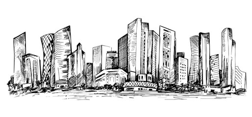 Hand drawn horizontal scene of office buildings