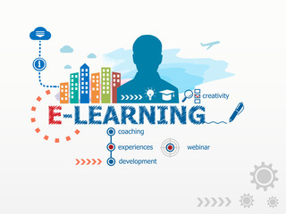 Naklejka premium Online e-learning concept and business man.