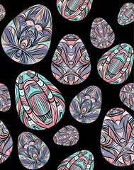 print, seamless pattern of color easter eggs on black background, graphic drawing, coloring, vector illustration