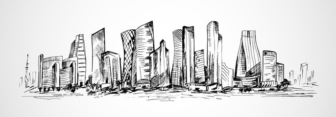 Hand drawn horizontal scene of office buildings