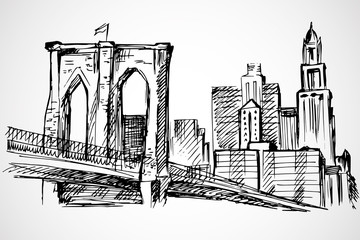 Hand drawn Brooklyn Bridge and buildings - 104167152