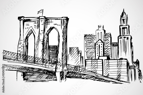 "Hand drawn Brooklyn Bridge and buildings" Stock image and royalty-free