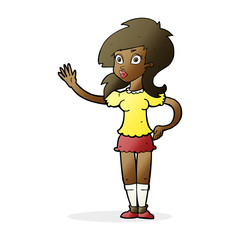cartoon pretty woman waving for attention