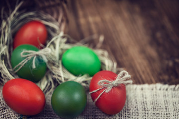 Colorful Easter Eggs Decorated on Wooden Background