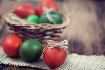 Colorful Easter Eggs Decorated on Wooden Background