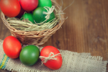 Colorful Easter Eggs Decorated on Wooden Background