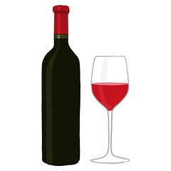 Bottle and glass of red wine. Sketch