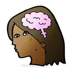 cartoon female head with brain symbol