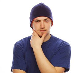 man in blue t-shirt and blue hat.