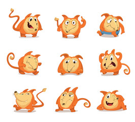Set of round, cute Mascot Characters with long nose, reminiscent of a red fox or dog. Various poses and facial expressions (astonished, angry, furious, happy, smiling, irritated) Isolated.
