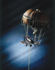 Toy airplane and balloon, the concept of modern art used to create metal, rope, pumpkin, lime, intended for the greeting cards and advertising concepts