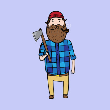 Cute bearded lumberjack with an axe