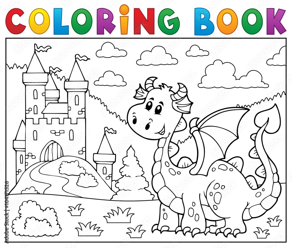 Poster coloring book dragon near castle theme 1