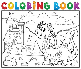 Fototapeta premium Coloring book dragon near castle theme 1