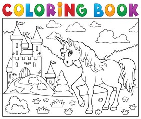 Coloring book unicorn near castle