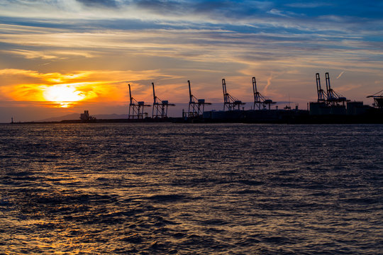 Industrial port, nice Sunset sky with silhouette industrial port, Osaka, Japan