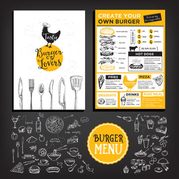 Food menu, restaurant template design. Flyer cafe. Brochure vintage. Cook idea.