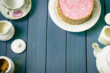 Tea Ceremony with Beautiful Raw Gluten-Free Strawberry Cake on Dark Wooden Background, Top View,...