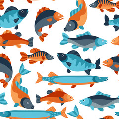 Seamless pattern with various fish. Background made without clipping mask. Easy to use for backdrop, textile, wrapping paper