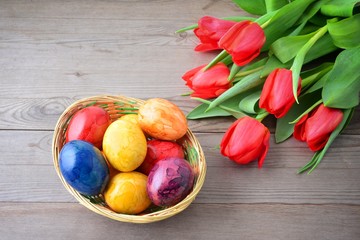 Easter eggs and tulips 