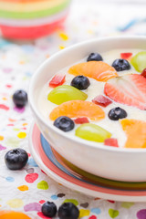 Delicious milky vanilla pudding colorful fruit