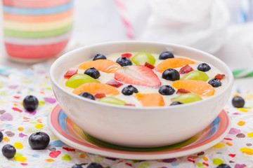 Delicious milky vanilla pudding colorful fruit