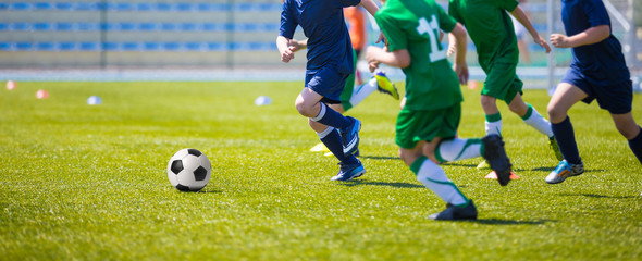 Boys play soccer match. Blue and green team on a sports field
