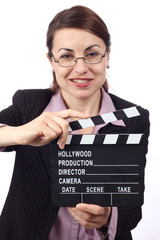 woman with movie clapper