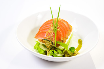 classic Caprese salad with tomatoes, cheese, herbs and sauce