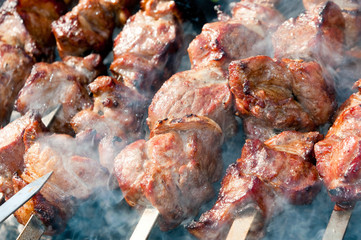 Brazier with the preparing shish kebab on skewers