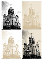 Vector background with church at engraving style